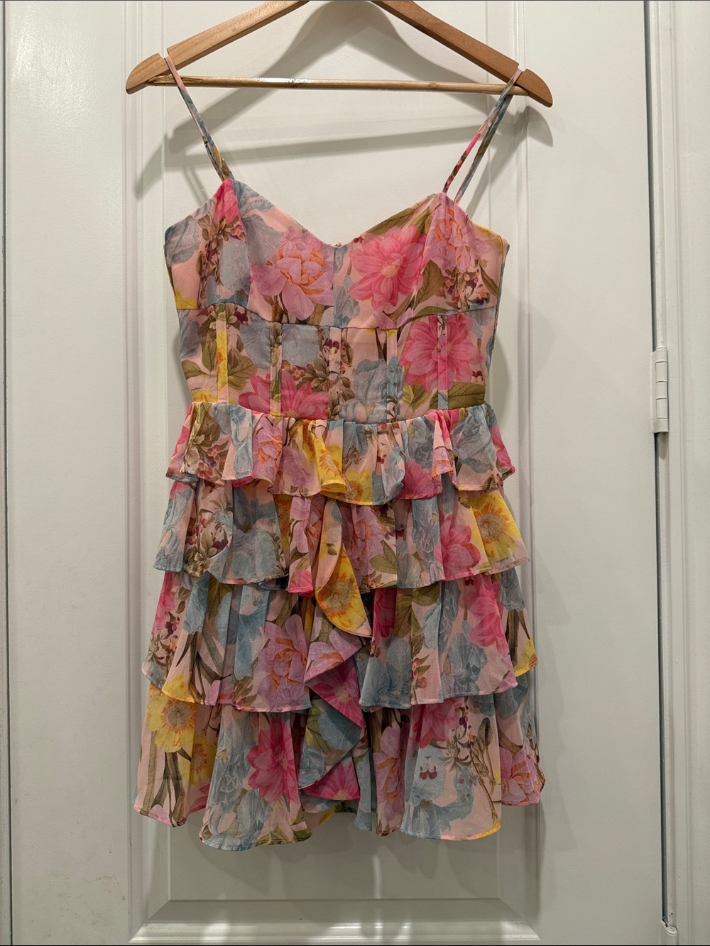Olivaceous Pink Floral Tiered Ruffle Dress